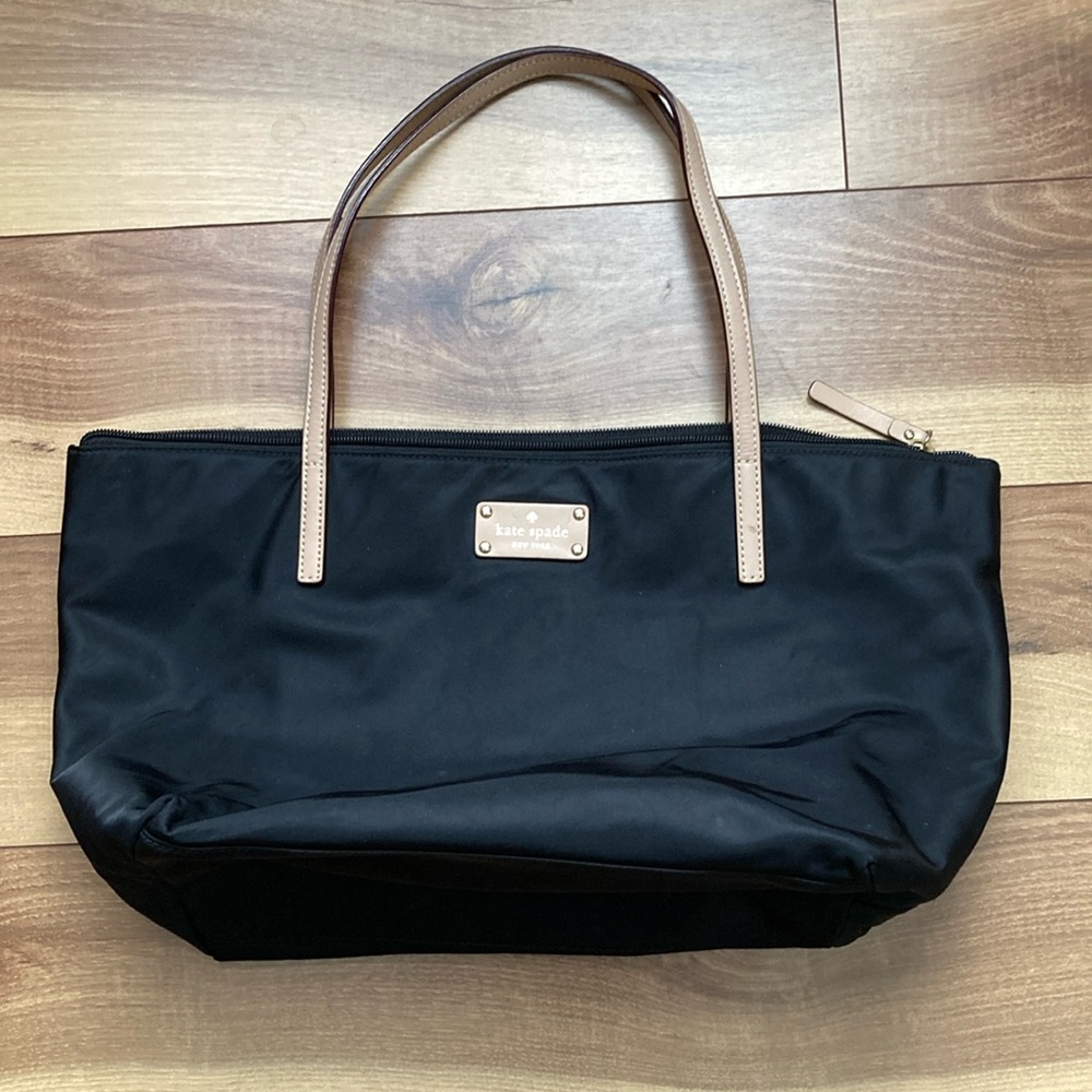 Kate Spade Black Nylon Tote with Tan Straps.